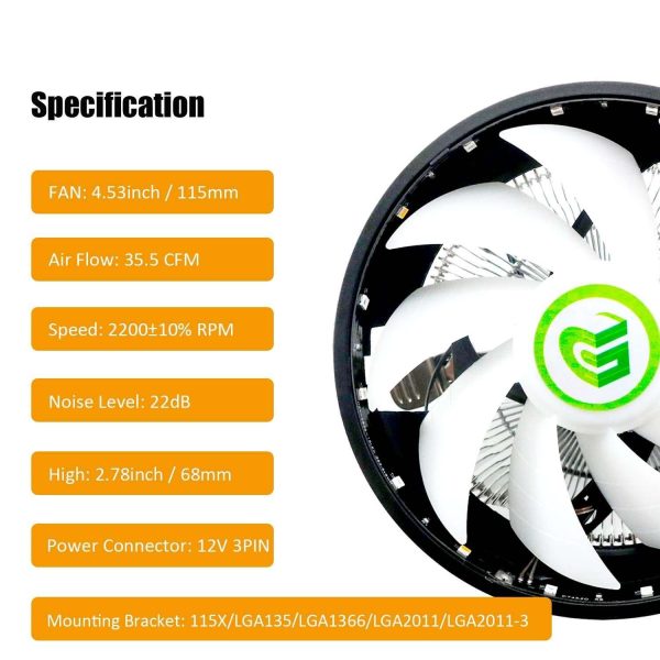 CPU Cooler with Mounting Bracket for Intel Socket LGA1200/1150/LGA1151/LGA1155/LGA1156/LGA1356/LGA1366/LGA2011/LGA2011-3/LGA2066