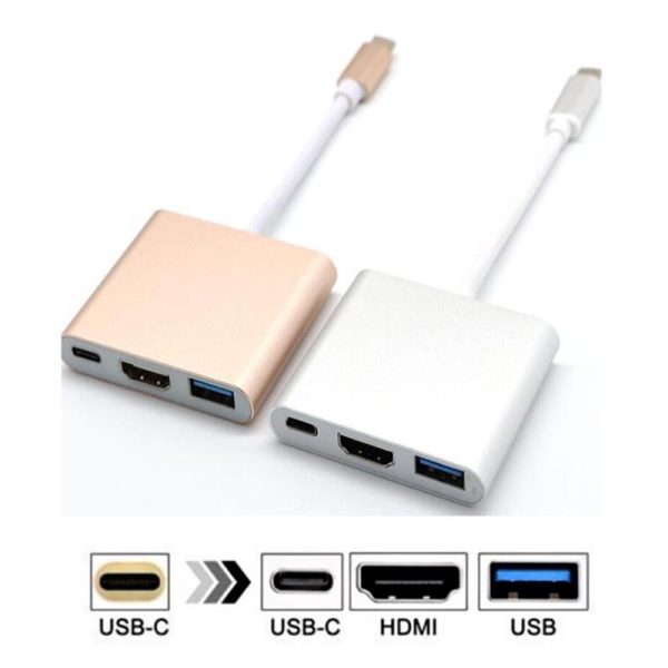 3 in 1 Type-C USB-C 3.1 To HDTV HDMI 4K HD USB 3.0 Type C Male to HDMI Female PD Converter Hub Adapter,Gold