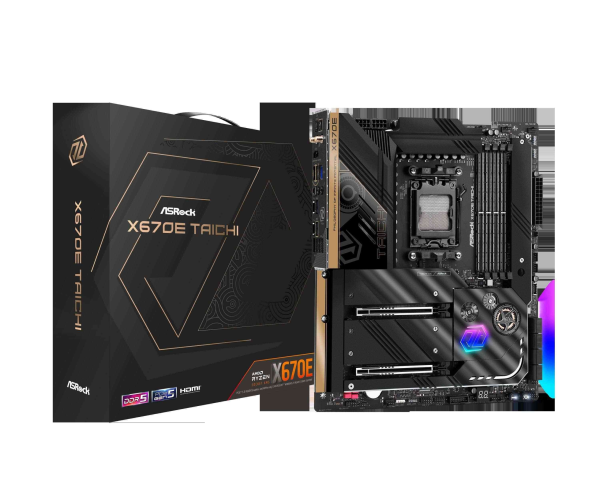 ASRock X670E Steel Legend AM5 ATX Motherboard. 4xDDR5 slots, PCIE 5.0X16, AMD Cross Fire, QuadM.2 slots, Dual LAN ports 1GB and 2.5GB , WIFI-6E,7.1 HD audio, HDMI 2.1, DP 1.4 ports - X670E Taichi
