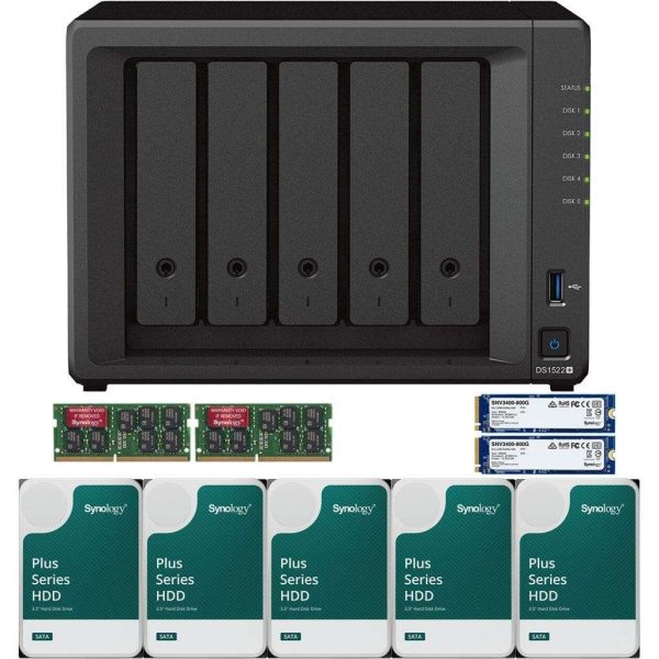 Synology DS1522+ 5-Bay NAS with 8GB RAM and 20TB (5 x 4TB) of Synology Plus Drives and 1.6TB (2 x 800GB) Synology Cache Fully Assembled and Tested By CustomTechSales - 32GB,20TB (5 x 4TB)
