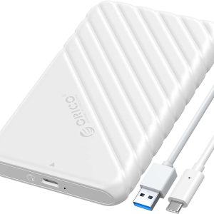 ORICO 2.5 inch External Hard Drive Enclosure USB3.0 to SATAIII 5Gbps HDD SSD Storage Case for 7mm 9.5mm SATA HDD SSD Max 6TB Support UASP protocols and TRIM - White,USB Type C,1 Pack