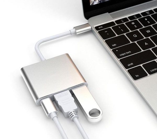 3 in 1 Type-C USB-C 3.1 To HDTV HDMI 4K HD USB 3.0 Type C Male to HDMI Female PD Converter Hub Adapter,Gold