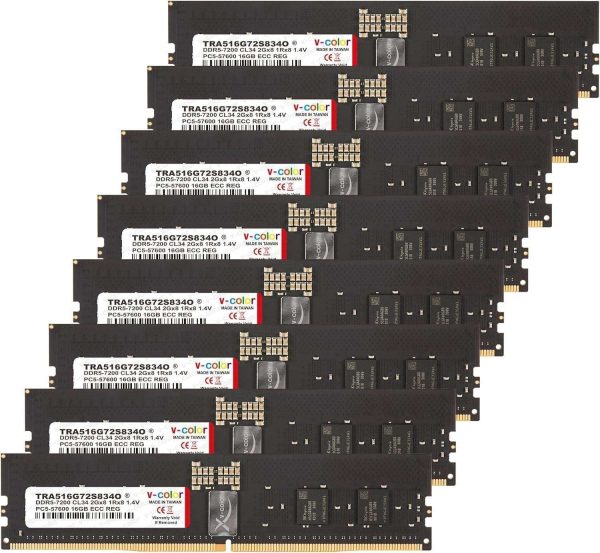 V-COLOR DDR5 768GB (96GBx8) 6000MHz CL36 6Gx4 2Rx4 OC R-DIMM (Overclocking ECC Registered DIMM) 1.25V Memory Ram for WRX90 Workstation (AMD EXPO) (TRA596G60D436O) - 128GB (8 x 16GB),288-Pin DDR5 SDRAM,DDR5 7200 (PC5 57600)
