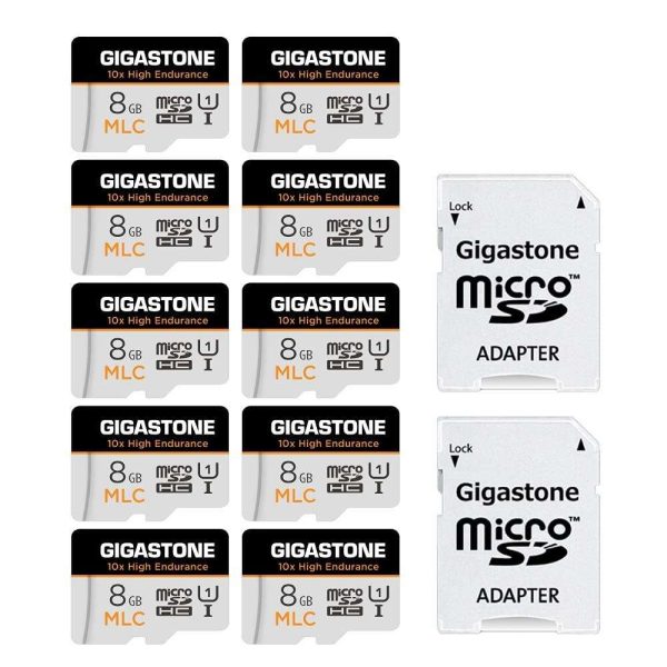 [10x High Endurance] Gigastone Industrial 8GB MLC Micro SD Card, Full HD Video Recording, Security Cam, Dash Cam, Surveillance Compatible 85MB/s, U1 C10, with Adapter [5-Yrs Free Data Recovery] - 80GB (8GB x 10),10-Pack