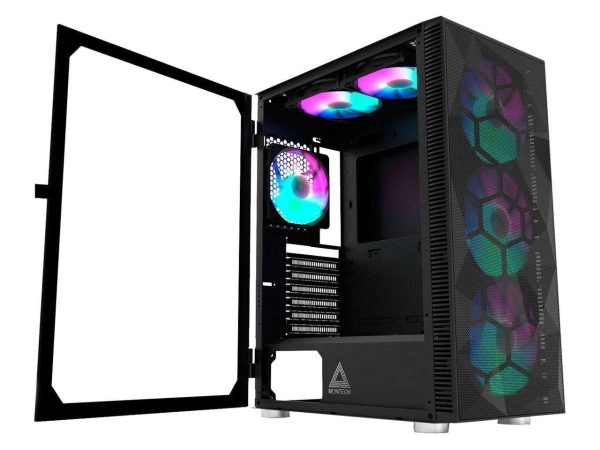 Montech X3 Mesh 6pcs, 3 x 140mm& 3 x 120mm Fixed RGB Lighting Fans (Pre-Installed) ATX Mid-Tower PC Gaming Case, USB3.0, Door Open Tempered Glass Side Panel, High Airflow, Black