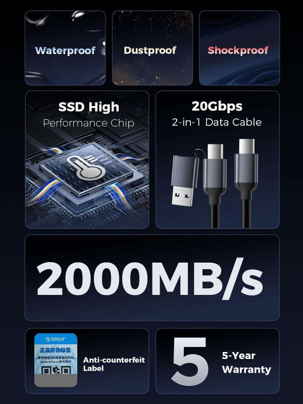 ORICO Mecha Series Portable SSD 2000MB/s 1TB Solid State Drive GB 2-in-1 Data Cable Waterproof