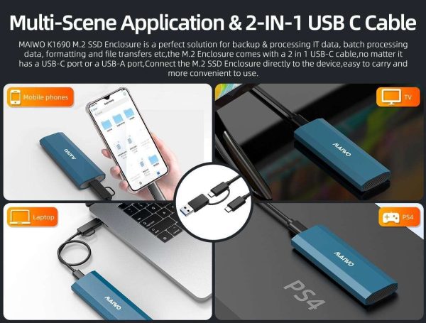 MAIWO M.2 NVMe SATA SSD Enclosure, 10Gbps USB 3.1 GEN2 to M.2 M Key B+M Key SSD Adapter, Support UASP Trim, 4TB Capacity, Solid State Drive Case Reader