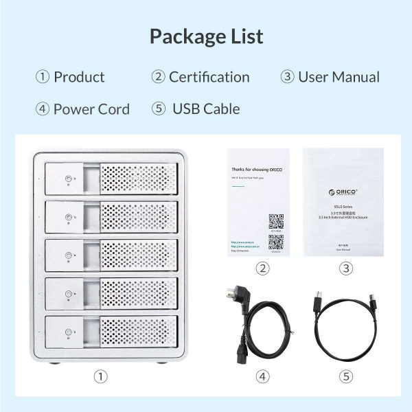ORICO Tool-free USB 3.0 to SATA 5 Bay External 3.5-inch SATA SDD Hard Drive Enclosure with Safety Lock for Laptop PC Mac OS [Without RAID Function] -9558U3