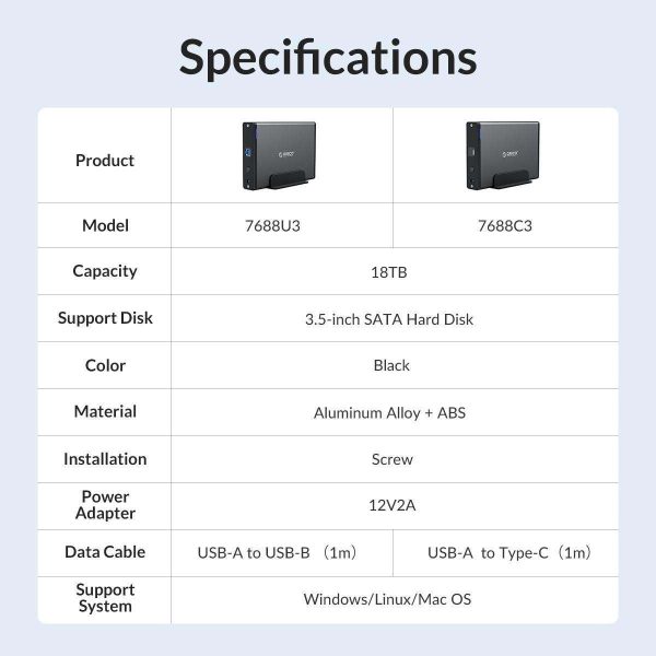 ORICO USB-C Type-C Aluminum 3.5 inch  Hard Drive HDD Enclosure USB-C Gen 1 SATA3.0 3.5" HDD Docking Station Vertical Case Support UASP with Power Adapter for HDD and SSD Tool Free 16TB