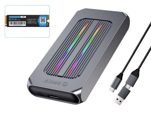 ORICO M.2 NVMe SSD 512GB PCIe Gen3. X4, NVMe 1.3 64L 3D NAND QLC Internal Solid State Drive 2280 with RGB M.2 NVMe SSD Enclosure - 1TB