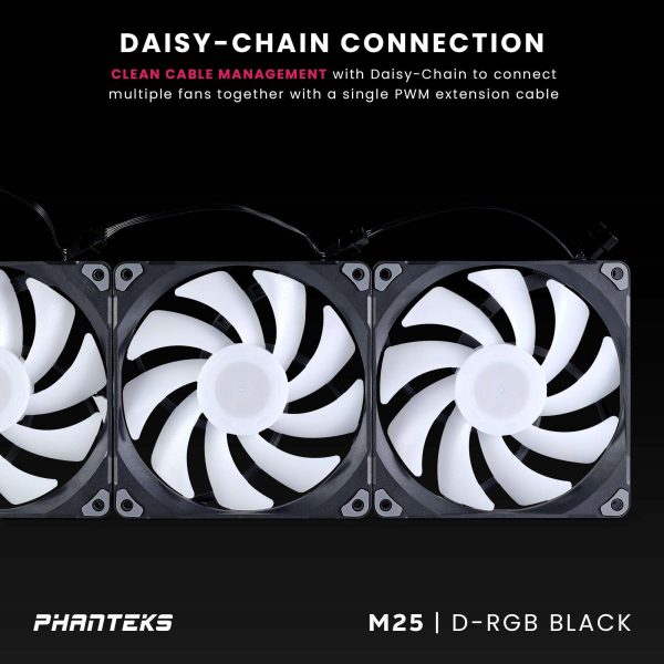 Phanteks M25-140 D-RGB fan, High-Airflow radiator performance, PWM control up to 1800RPM, ARGB/DRGB lighting, Daisy-Chain cable, Black ,3 Pack