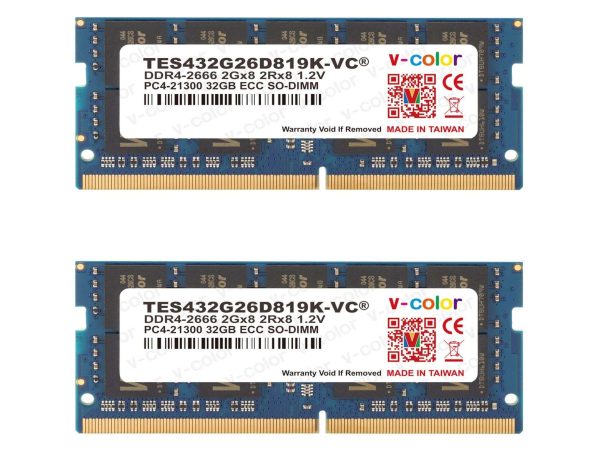 V-COLOR 64GB (2 x 32GB) ECC SO-DIMM DDR4 2666MHz (PC4-21300) for microservers, workstations, Networking Platforms and Embedded Systems 2Rx8 CL19 1.2V (TES432G26D819K-VC)