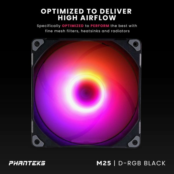 Phanteks M25-140 D-RGB fan, High-Airflow radiator performance, PWM control up to 1800RPM, ARGB/DRGB lighting, Daisy-Chain cable, Black
