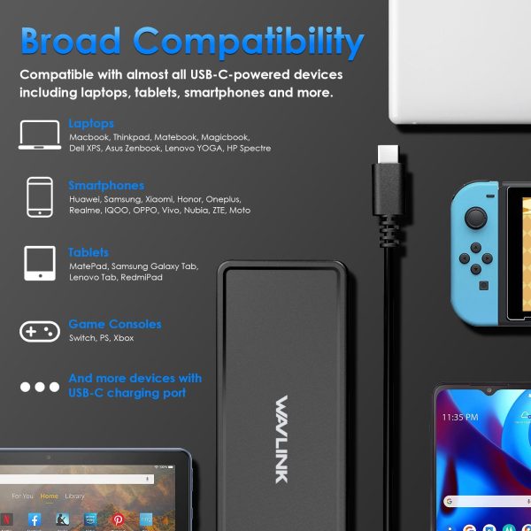 Wavlink PD 100W USB-C GaN Fast Charger, Universal USB-C Charger for Laptops, Tablets, Phones and more, Compatible with MacBook, Chromebook, Lenovo, Dell, HP, Asus, Huawei, Samsung, Switch, PS, Xbox