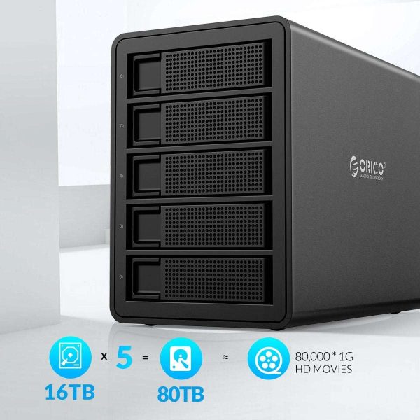 ORICO 5 Bay Raid Enclosure External Hard Drive Enclosure Case Support 90TB for 2.5/3.5 in HDD SSD Aluminum Hard Drive Docking Station for Enterprise Data Storage Built-in 150W Power With Raid