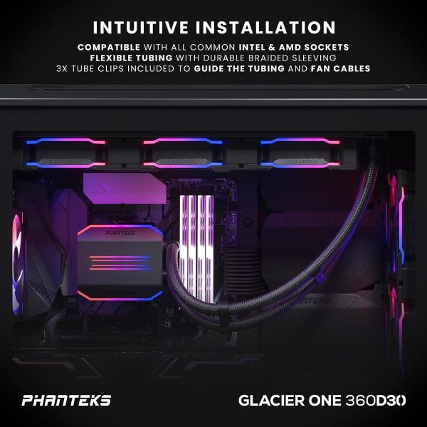 Phanteks Glacier One 360D30 Premium D-RGB AIO Liquid CPU Cooler, DRGB Pump Cap Design, 3x D30 120mm PWM D-RGB Fans, Black