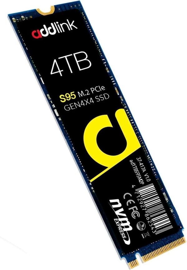 Addlink S93 4TB PCIe 4.0 NVMe SSD M.2 2280 Internal Solid State Drive, Read Speed up to 7400 MB/s, for Gamers and Creators- Dram-Less SLC Cache SSD - 4TB S95 w/o Heatsink