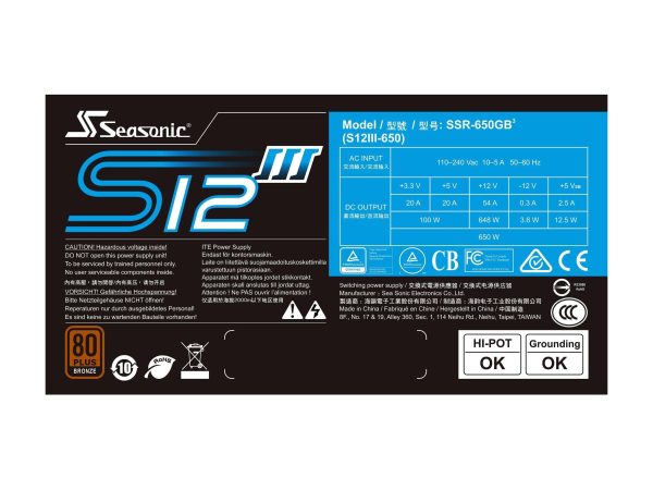 SeaSonic S12III Bronze Series 650 W Non-Modular 80 PLUS BRONZE Certified