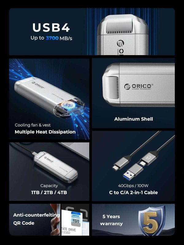 ORICO Silverstone Portable SSD 3700MB/s External Solid State Drive 1TB Type- C Aluminum Alloy PSSD Built-in Cooling Fan