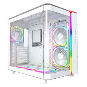 MONTECH, KING 95 PRO Dual-Chamber ATX Mid-Tower PC Gaming Case, High-Airflow, Toolless Panels, Sturdy Curved Tempered Glass Front, Six ARGB PWM Fan Pre-installed with Fan Hub, White