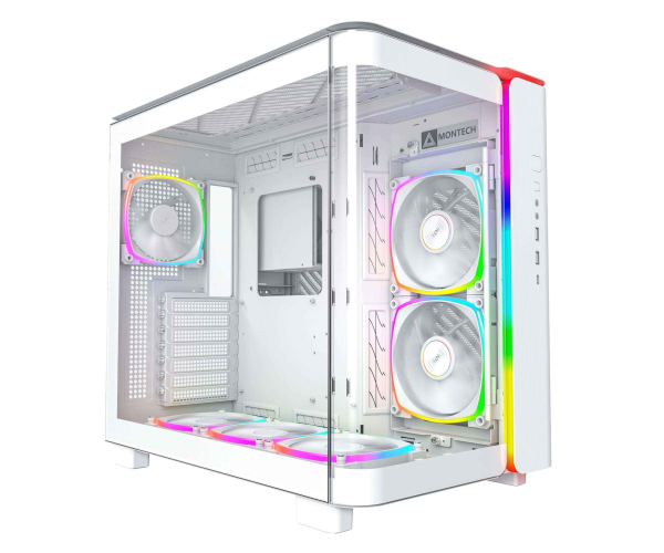 MONTECH, KING 95 PRO Dual-Chamber ATX Mid-Tower PC Gaming Case, High-Airflow, Toolless Panels, Sturdy Curved Tempered Glass Front, Six ARGB PWM Fan Pre-installed with Fan Hub, White