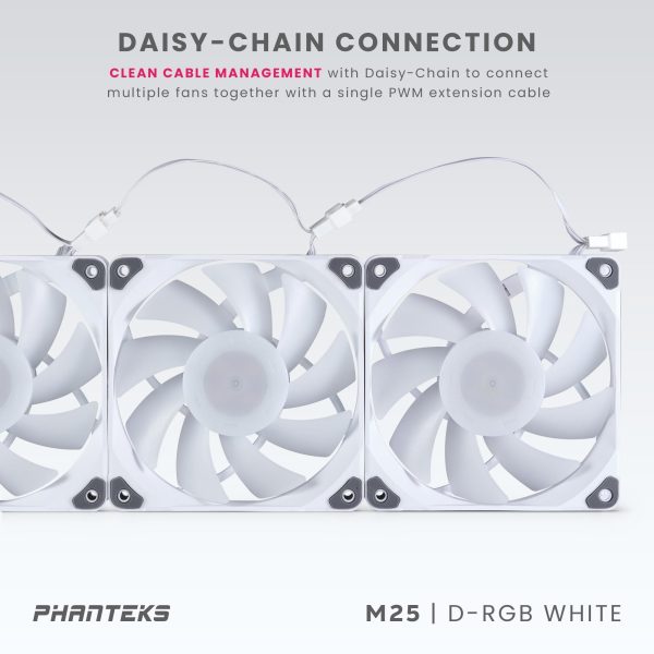 Phanteks M25-120 D-RGB fan, High-Airflow radiator performance, PWM control up to 2000RPM, ARGB/DRGB lighting, Daisy-Chain cable, White,3 Pack
