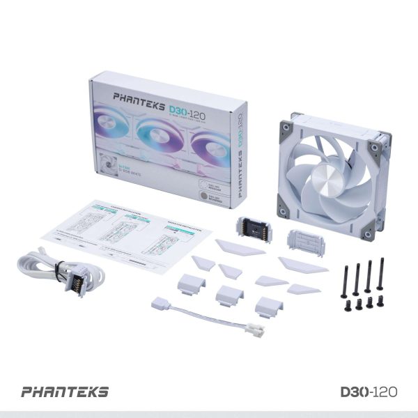 Phanteks D30-120 DRGB PWM FAN, Reverse Airflow Model, Premium D-RGB Performance Fan, ARGB/DRGB lighting, Daisy-chain Fan Linking system, White