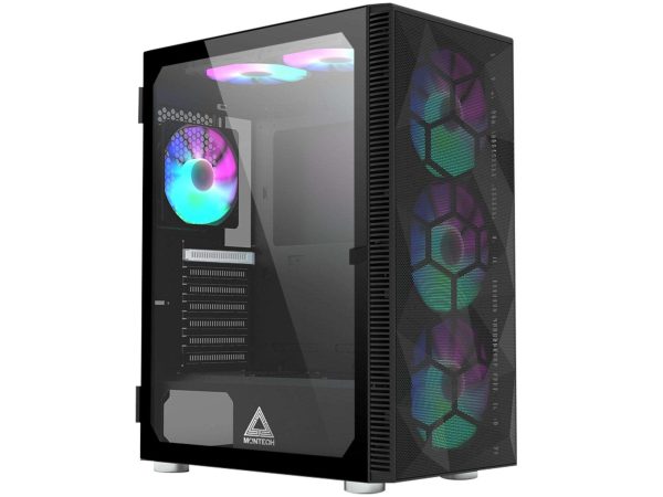 Montech X3 Mesh 6pcs, 3 x 140mm& 3 x 120mm Fixed RGB Lighting Fans (Pre-Installed) ATX Mid-Tower PC Gaming Case, USB3.0, Door Open Tempered Glass Side Panel, High Airflow, Black