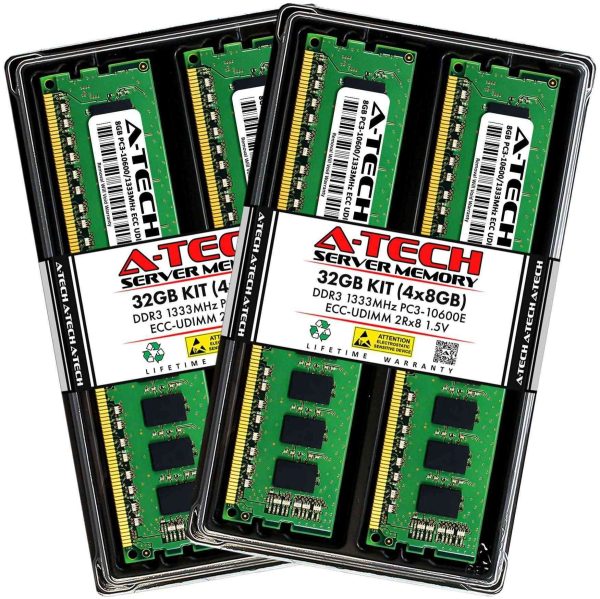A-Tech 32GB (4x8GB) 2Rx8 PC3-10600E DDR3 1333 MHz ECC UDIMM 1.5V ECC Unbuffered DIMM 240-Pin Dual Rank x8 Server & Workstation RAM Memory Upgrade Kit