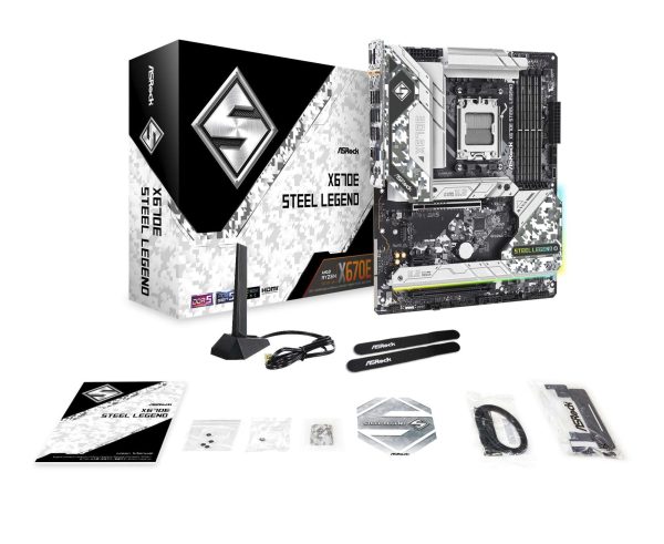 ASRock X670E Steel Legend AM5 ATX Motherboard. 4xDDR5 slots, PCIE 5.0X16, AMD Cross Fire, QuadM.2 slots, Dual LAN ports 1GB and 2.5GB , WIFI-6E,7.1 HD audio, HDMI 2.1, DP 1.4 ports