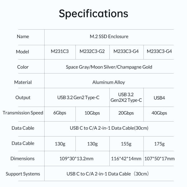 ORICO  40Gbps M.2 NVMe Enclosure for Thunderbolt 4/Thunderbolt 3/USB4 Max 4TB SSD 2230/2242/2260/2280 Aluminum M2 External SSD Case for M1 M2 Pro/Max, Compatible with USB4/3.2/3.1/3.0/2.0