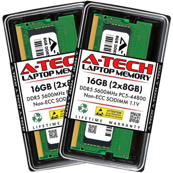 A-Tech 8GB DDR5 5600MHz SODIMM PC5-44800 Non-ECC Unbuffered CL46 1.1V 262-Pin SO-DIMM Laptop Notebook Computer RAM Memory Upgrade Module - 16GB (2 x 8GB),DDR5 5600 (PC5 44800),46