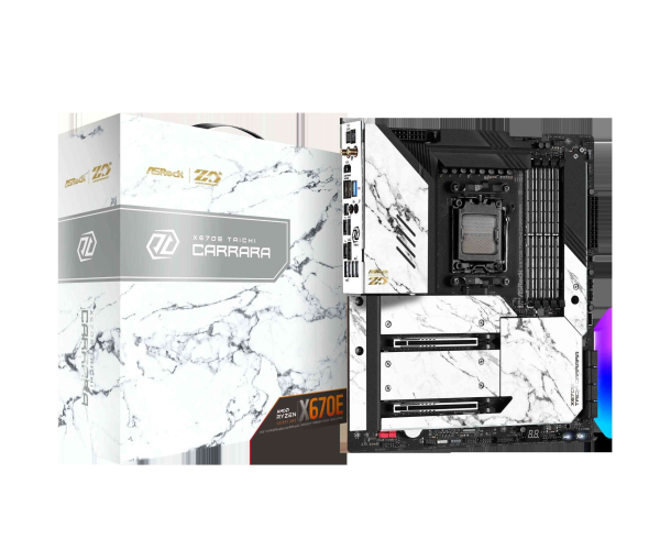 ASRock X670E Steel Legend AM5 ATX Motherboard. 4xDDR5 slots, PCIE 5.0X16, AMD Cross Fire, QuadM.2 slots, Dual LAN ports 1GB and 2.5GB , WIFI-6E,7.1 HD audio, HDMI 2.1, DP 1.4 ports - X670E Taichi Carrara