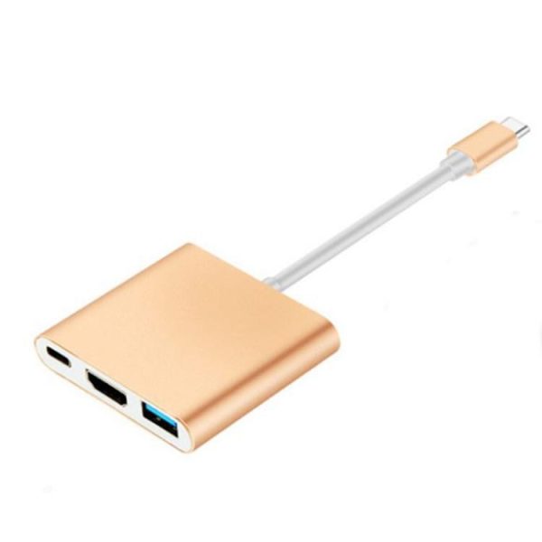 3 in 1 Type-C USB-C 3.1 To HDTV HDMI 4K HD USB 3.0 Type C Male to HDMI Female PD Converter Hub Adapter,Gold