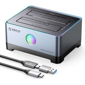 ORICO RGB HDD Docking Station Type-C Aluminum 2.5/3.5 Inch HDD Case RGB Cyberpunk Design 10Gbps Fast Speed Hard Disk Bay for PC Dual HDD With Clone Function