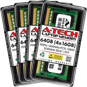 A-Tech 16GB (2x8GB) DDR3 / DDR3L 1600MHz SODIMM PC3L-12800 2Rx8 1.35V CL11 Non-ECC Unbuffered 204-Pin SO-DIMM Notebook Laptop RAM Memory Upgrade Kit - 64GB (4 x 16GB),DDR3L 1600 (PC3L 12800),11