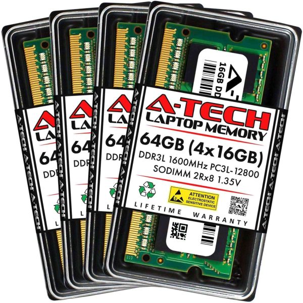A-Tech 16GB (2x8GB) DDR3 / DDR3L 1600MHz SODIMM PC3L-12800 2Rx8 1.35V CL11 Non-ECC Unbuffered 204-Pin SO-DIMM Notebook Laptop RAM Memory Upgrade Kit - 64GB (4 x 16GB),DDR3L 1600 (PC3L 12800),11