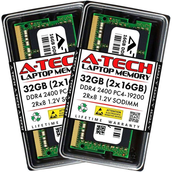 A-Tech 16GB (2x8GB) DDR4 2400MHz SODIMM PC4-19200 Non-ECC Unbuffered CL17 1.2V 260-Pin SO-DIMM Laptop Notebook Computer RAM Memory Upgrade Kit - 32GB (2 x 16GB),DDR4 2400 (PC4 19200),17