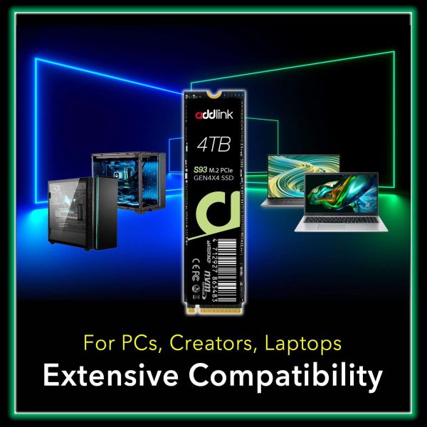 Addlink S93 4TB PCIe 4.0 NVMe SSD M.2 2280 Internal Solid State Drive, Read Speed up to 7400 MB/s, for Gamers and Creators- Dram-Less SLC Cache SSD