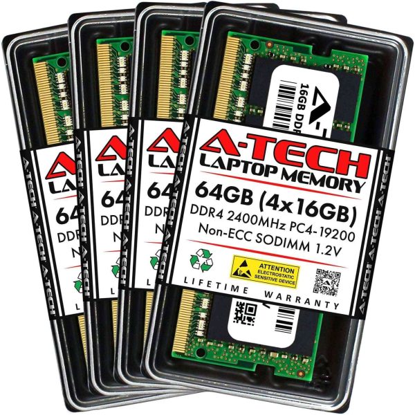 A-Tech 16GB (2x8GB) DDR4 2400MHz SODIMM PC4-19200 Non-ECC Unbuffered CL17 1.2V 260-Pin SO-DIMM Laptop Notebook Computer RAM Memory Upgrade Kit - 64GB (4 x 16GB),DDR4 2400 (PC4 19200),17