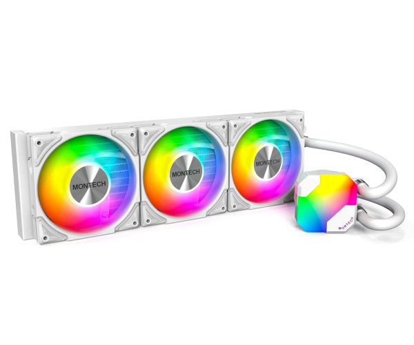 MONTECH HyperFlow ARGB 360 - AIO CPU Liquid Cooler, Intel&AMD Compatible, Chart-Topping Performance, Enhanced 3100RPM Water Pump Design, 3X Metal Pro 12 ARGB Ultimate Cooling Fans - Black - 3 Fan Slots (120 mm),White,360mm,White