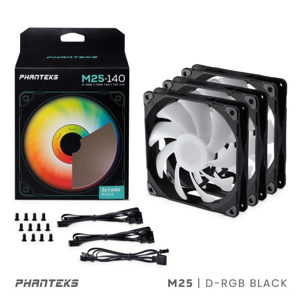 Phanteks M25-140 D-RGB fan, High-Airflow radiator performance, PWM control up to 1800RPM, ARGB/DRGB lighting, Daisy-Chain cable, Black ,3 Pack
