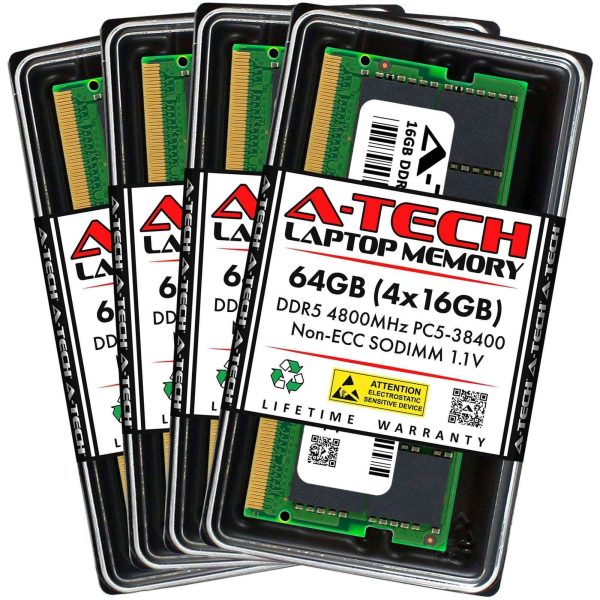 A-Tech 8GB DDR5 5600MHz SODIMM PC5-44800 Non-ECC Unbuffered CL46 1.1V 262-Pin SO-DIMM Laptop Notebook Computer RAM Memory Upgrade Module - 64GB (4 x 16GB),DDR5 4800 (PC4 38400),40
