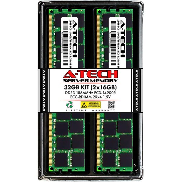 A-Tech 128GB (8x16GB) 2Rx4 PC3-14900R DDR3 1866 MHz ECC RDIMM 1.5V Registered DIMM 240-Pin Dual Rank x4 Server & Workstation RAM Memory Upgrade Kit - 32GB (2 x 16GB)