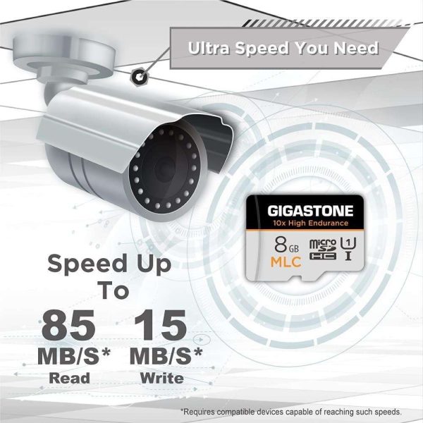 [10x High Endurance] Gigastone Industrial 8GB MLC Micro SD Card, Full HD Video Recording, Security Cam, Dash Cam, Surveillance Compatible 85MB/s, U1 C10, with Adapter [5-Yrs Free Data Recovery]