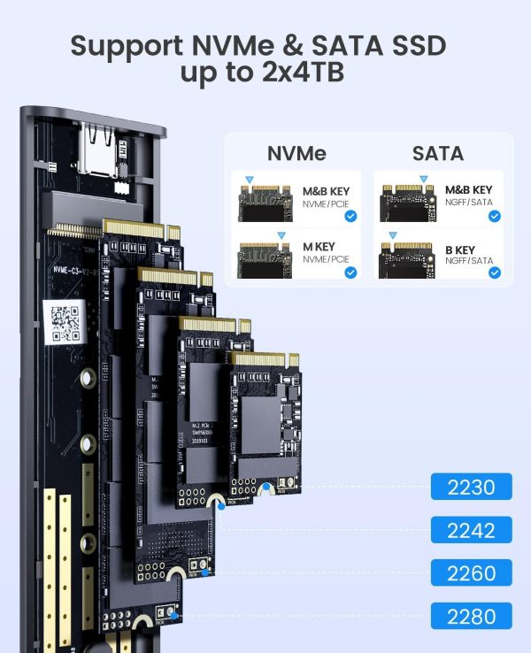 ORICO Dual M.2 NVMe SATA SSD Enclosure, USB C to M2 Adapter for M Key PCIe & B+M Key 2230/2242/2260/2280 M.2 SSDs,Tool-Free Installation Aluminum M.2 Reader Support Trim and UASP up to 2x4TB