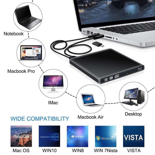 ESTONE Aluminum External DVD Blu-Ray Burner Drive, USB 3.0 Type-C CD DVD +/-RW Optical Drive USB C Burner Slim CD/DVD ROM Rewriter Writer Reader Portable for PC Laptop Desktop MacBook Mac Black