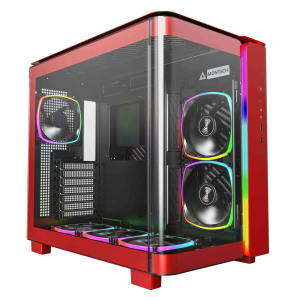 MONTECH, KING 95 PRO Dual-Chamber ATX Mid-Tower PC Gaming Case, High-Airflow, Toolless Panels, Sturdy Curved Tempered Glass Front, Six ARGB PWM Fan Pre-installed with Fan Hub, White - KING 95 PRO (Red)