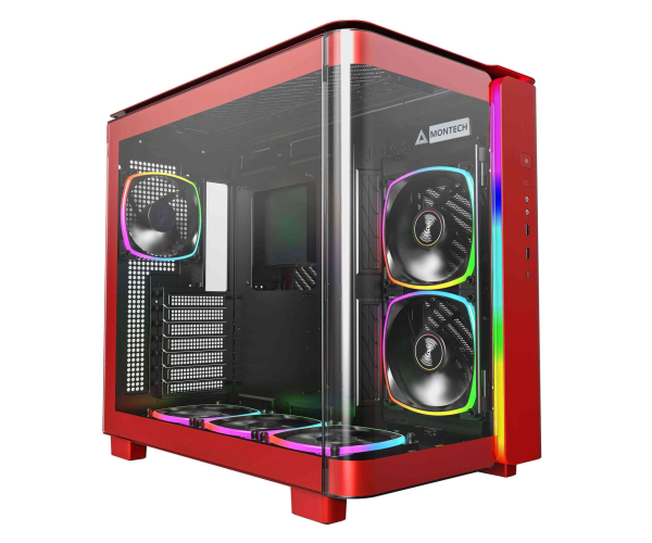 MONTECH, KING 95 PRO Dual-Chamber ATX Mid-Tower PC Gaming Case, High-Airflow, Toolless Panels, Sturdy Curved Tempered Glass Front, Six ARGB PWM Fan Pre-installed with Fan Hub, White - KING 95 PRO (Red)
