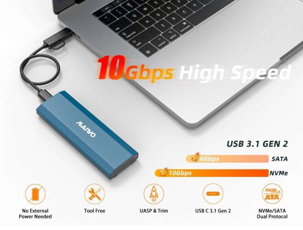 MAIWO M.2 NVMe SATA SSD Enclosure, 10Gbps USB 3.1 GEN2 to M.2 M Key B+M Key SSD Adapter, Support UASP Trim, 4TB Capacity, Solid State Drive Case Reader
